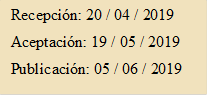 Recepción: 20 / 04 / 2019
Aceptación: 19 / 05 / 2019
Publicación: 05 / 06 / 2019
