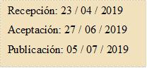 Recepción: 23 / 04 / 2019
Aceptación: 27 / 06 / 2019
Publicación: 05 / 07 / 2019
