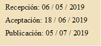 Recepción: 06 / 05 / 2019
Aceptación: 18 / 06 / 2019
Publicación: 05 / 07 / 2019
