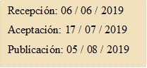 Recepción: 06 / 06 / 2019
Aceptación: 17 / 07 / 2019
Publicación: 05 / 08 / 2019
