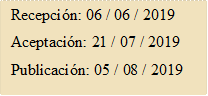 Recepción: 06 / 06 / 2019
Aceptación: 21 / 07 / 2019
Publicación: 05 / 08 / 2019
