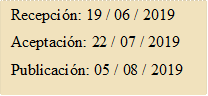 Recepción: 19 / 06 / 2019
Aceptación: 22 / 07 / 2019
Publicación: 05 / 08 / 2019
